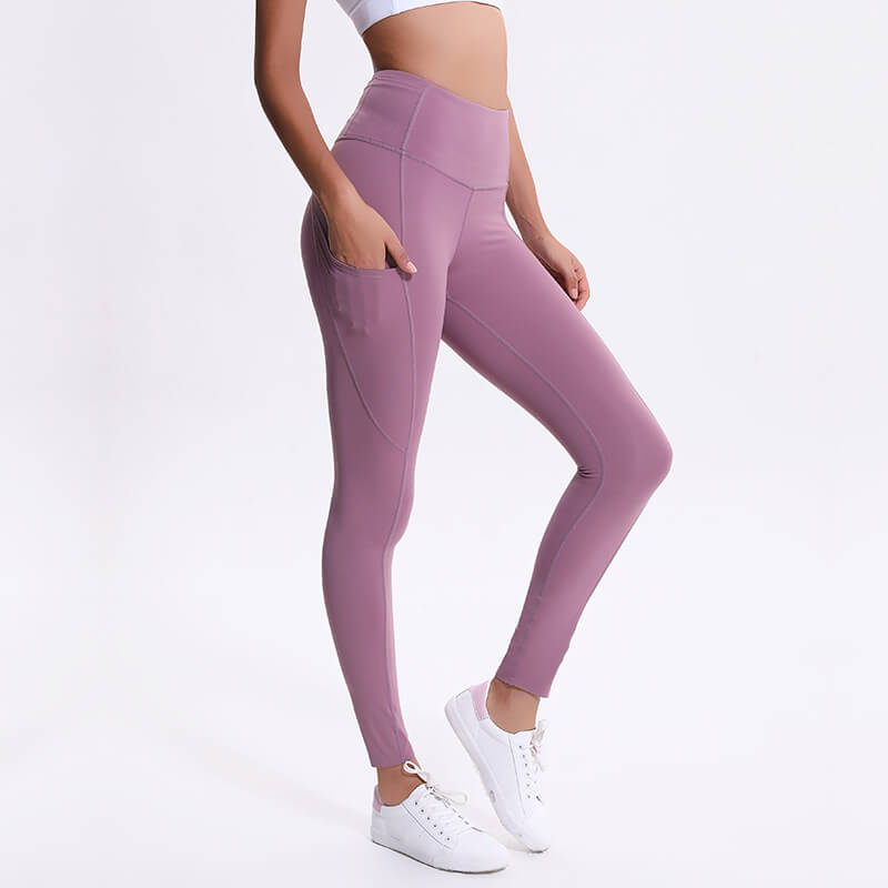 Women Side Pocket Active Leggings High Waist Wicking Sport Workout Leggings Double Nylon Fabric Yoga Pants