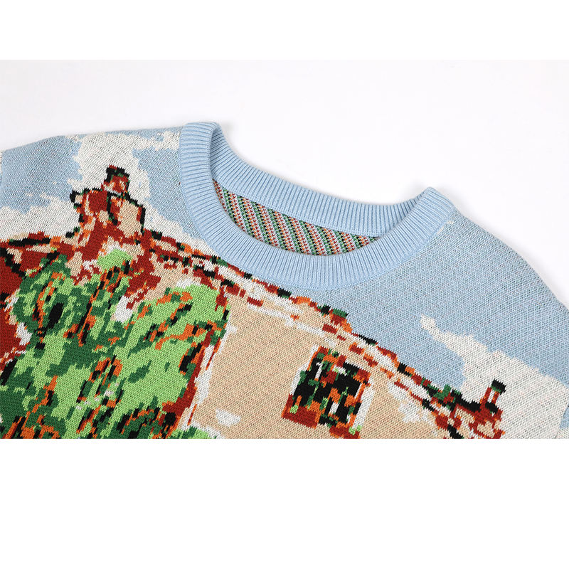 Custom Logo Oem & Odm Men Sweater Long Sleeve Jacquard Knitwear Winter Cotton Knit O Neck Pullover Men's Knitted Sweater For Men