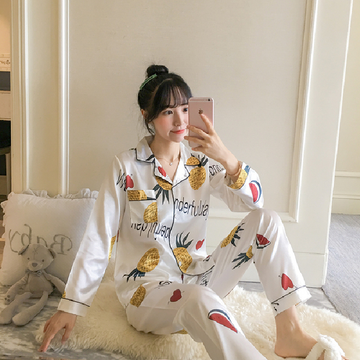 Women's Satin Pajamas Silk Long Sleeve with Trousers 2pcs Set Sweet Korean Luxury Style Cartoons House Wear Women's Sleepwear