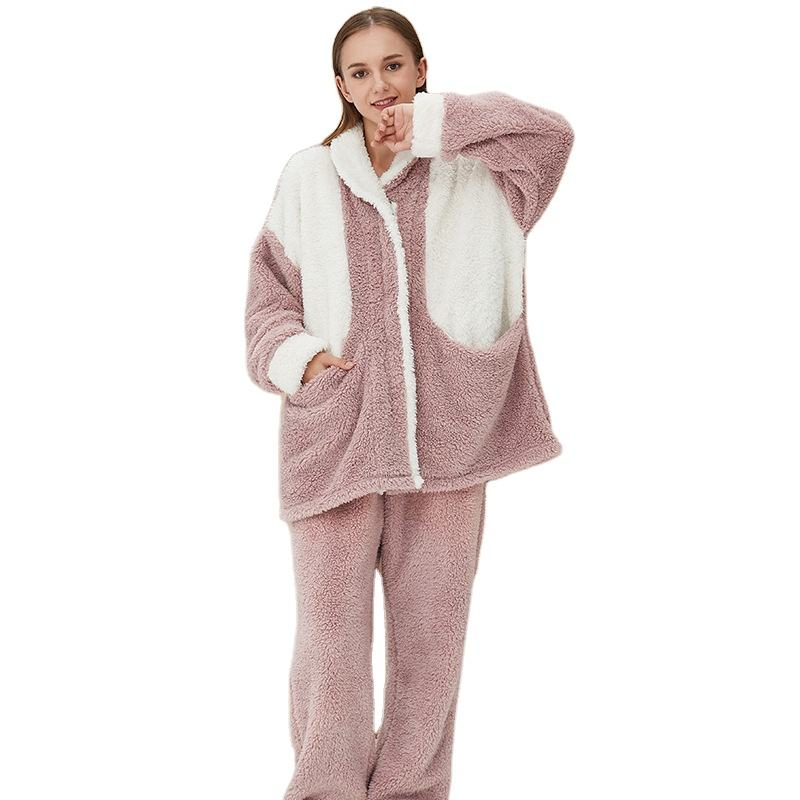 Wholesales Winter Two Piece Set Women Home Wear High Quality Warm Long Sleeve Pajama Sets Coral Fleece Women Loungewear