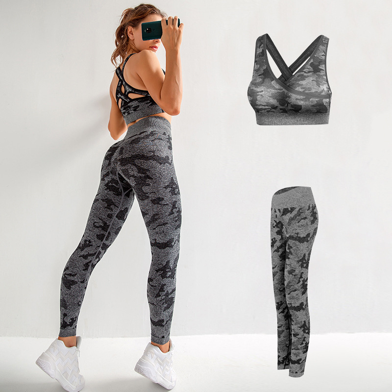High Elastic Camouflage Active Wear Butt Lift Push Up Bra Woman Seamless Athletic Fitness Yoga Set