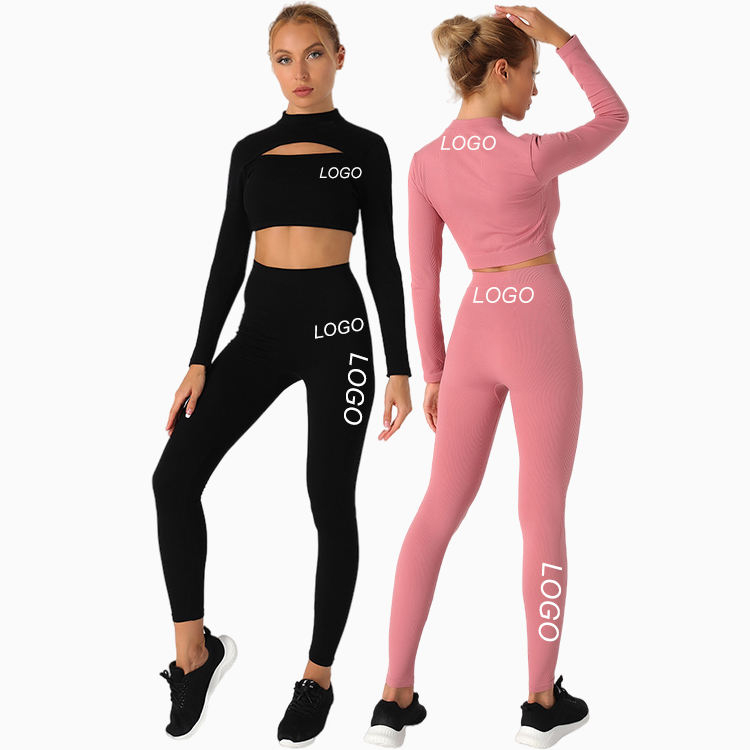 Long Sleeve Hollow Out Crop Top Seamless Workout Leggings Nylon Compression Activewear Workout Sets