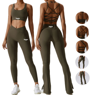 2023 Jogger Seamless Sportswear Fitness Gym Clothing Women 5 Piece Ribbed Yoga Set Sports Bra Leggings Activewear