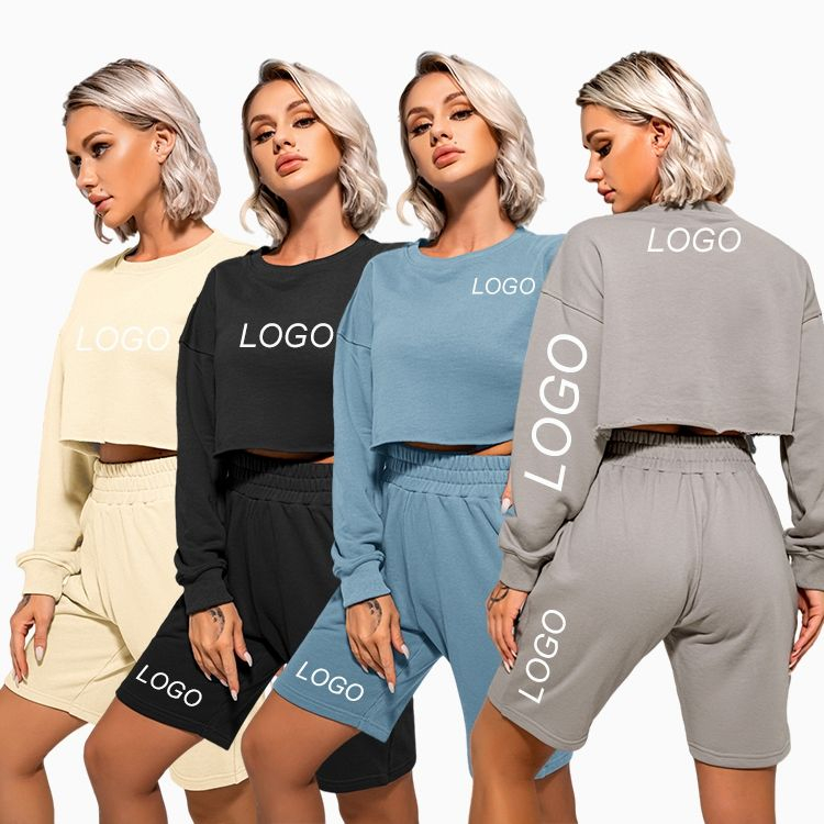 Ladies Plus Size Comfortable Crop Sweatshirts Elastic Waist Pinochetto Leisure Relax Outdoor Training Jogging Sweat Sets
