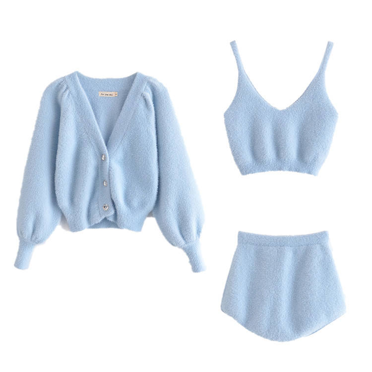 Soft Mohair V Neck Tape High Waist Shorts Oversized Coat Three Pieces Outdoor Lounge Wear Set Comfortable Casual Womens Clothing