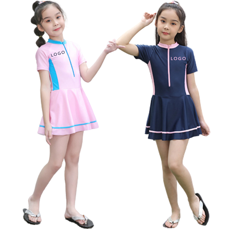 Wholesale Young Girls Swimdress 2-12 Children's One Piece Swimsuit Half Zipper Blank Printed Shorts Skirt Kids Swimwear