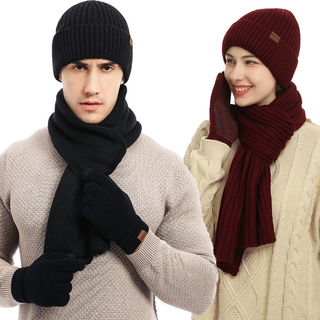 Wholesale Winter Warm Thick Men Women's Knitted Beanie Hat Scarf Glove Sets Unisex Outdoor Touch Screen Gloves For Women