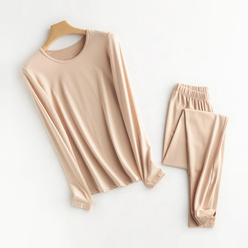 2022 New Women's Thermal Underwear Cotton Slim Fit Underlay Solid Color Warm Round Neck Pullover Autumn Dress Flat Waist Pants