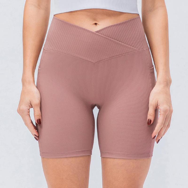 2022 New Women's Yoga Shorts Cross Waist Tight Fitness Pants Pockets High Waist Hips Running Sports Shorts