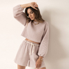 Fall Season Waffle Crew Neck Long Sleeve Cropped Top Tie Shorts Fashion Two Piece Suit Women Outfit