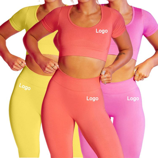 2022 Hot Design Seamless Breathable Quick Dry Short Sleeve Top Yoga Active Wear Sets Gym Fitness Sets